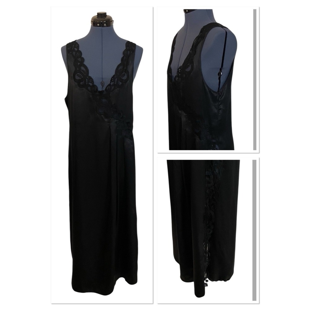 Vtg Eve Stillman Black Satin Lace Trim Maxi Slip Dress Whimsigoth Coquette L
